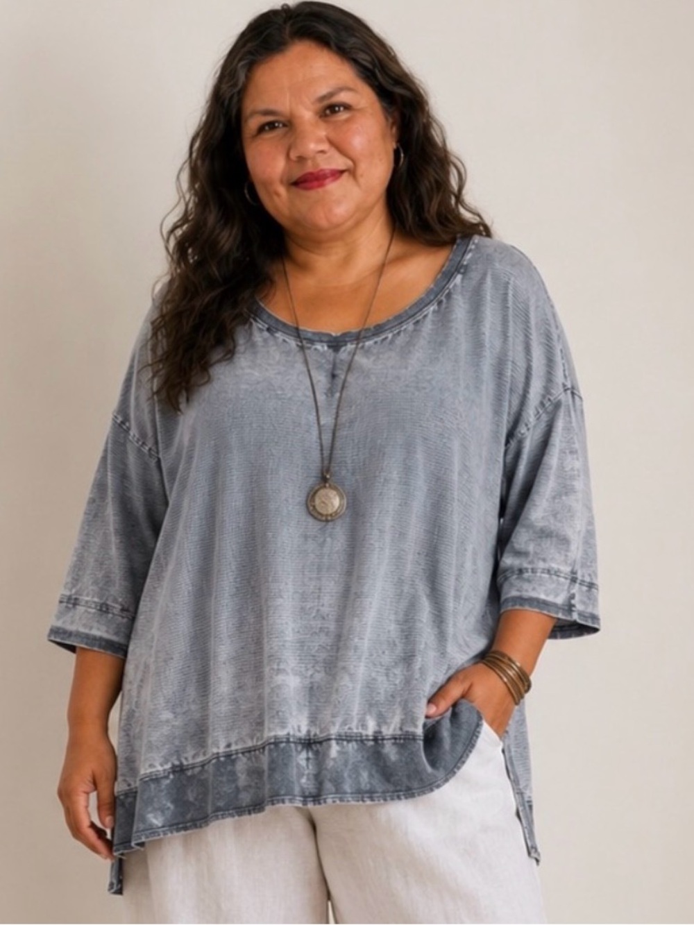 Relaxed Ash Blue Long Sleeve Boho Flowy Plus Size Top 3XL